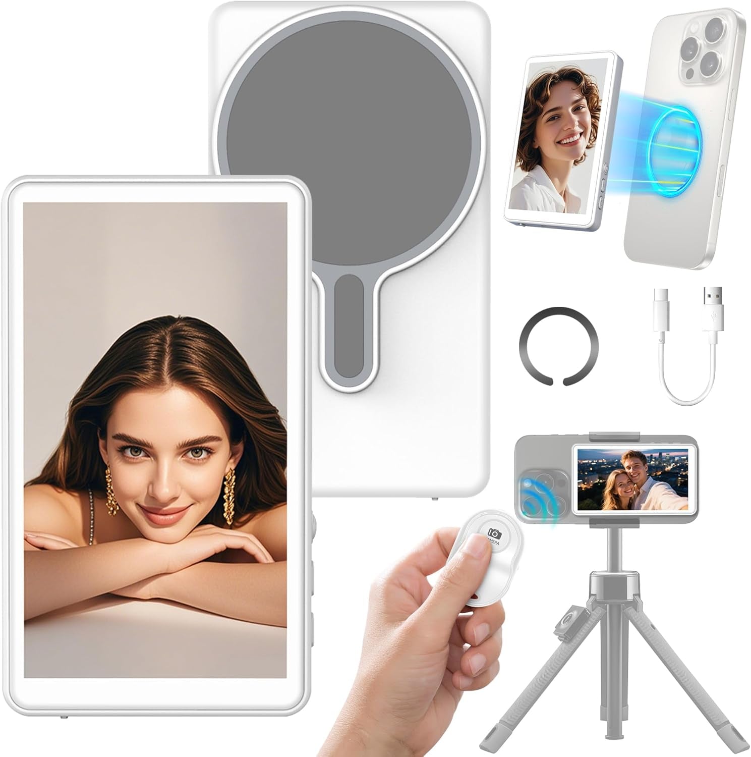 Magnetic Phone Vlog Selfie Monitor Screen - Back Camera Selfie Monitor - 1080P Display Can Wirelessly Connect to Mobile Phones - Rear Camera Selfie Screen with Remote Controller(White)