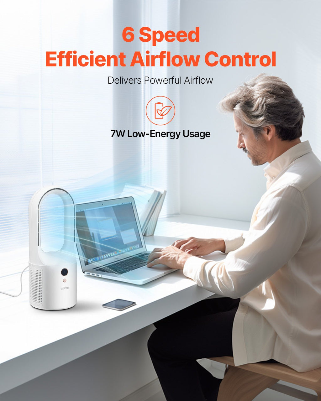 Portable Desk Bladeless Fan 6-Speed Quiet Table Fan for Bedroom & Office